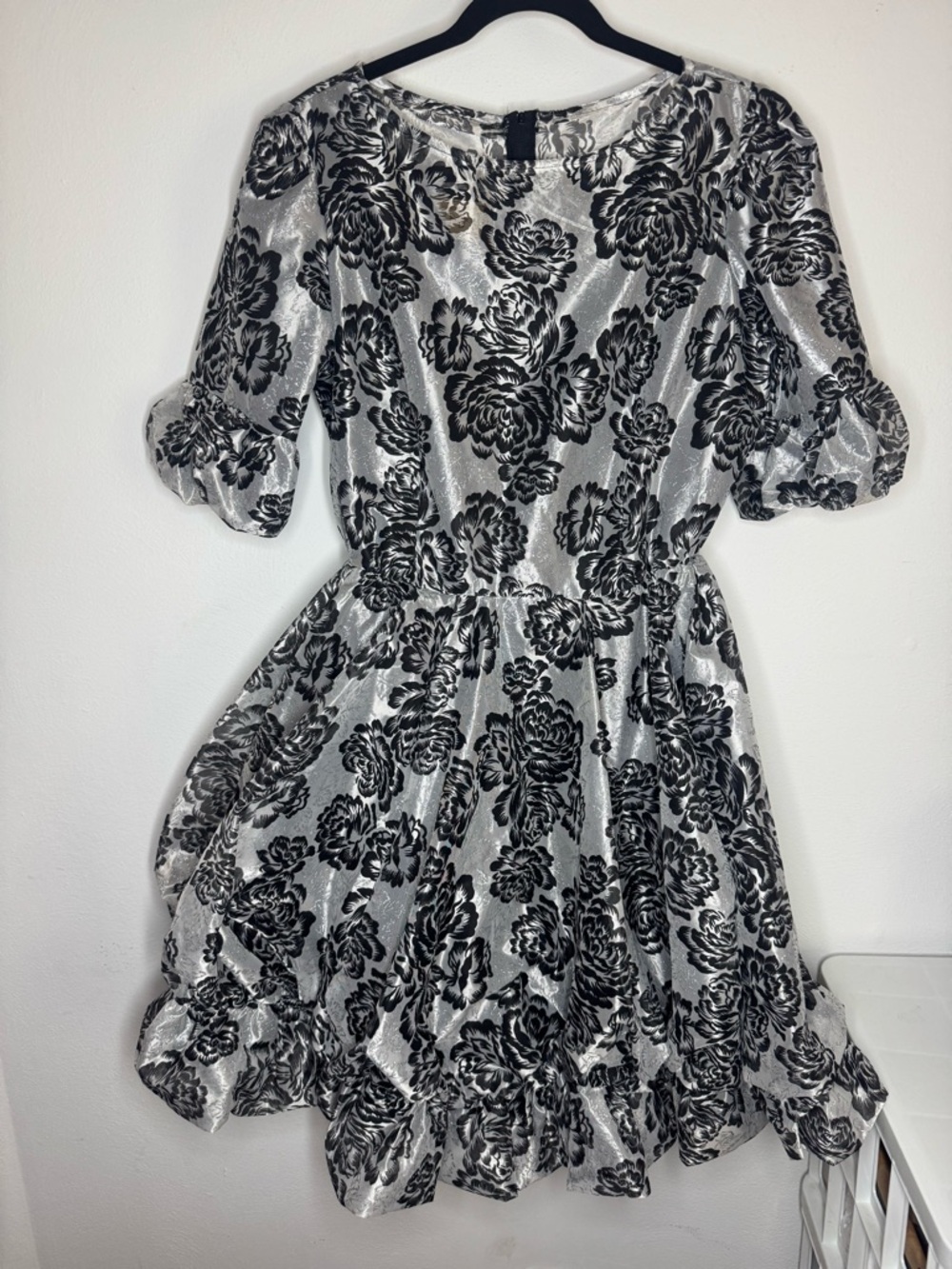 Vintage Square Dance Dress Co Silver Black Floral Brocade Ruffle Hem Size 14